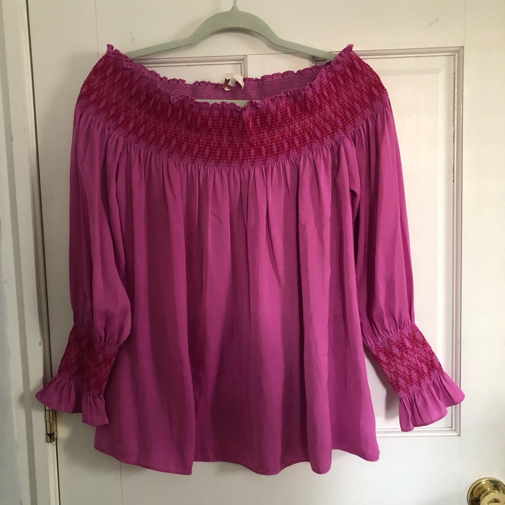 Maje Fuchsia Pink Embroidered Smocked Off-Shoulder Top